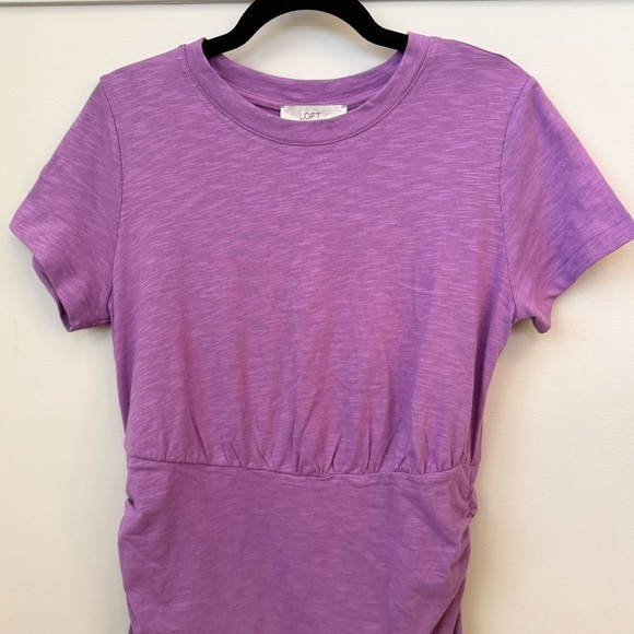 LOFT Ruched Cotton Jersey Mini Tee Dress Elastic Waist Chic Modern Orchid Sz MP - Picture 4 of 9